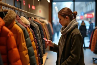 Femme en manteau d'hiver faisant les soldes dans une boutique de mode française, avec des étiquettes rouges de réduction sur les vêtements