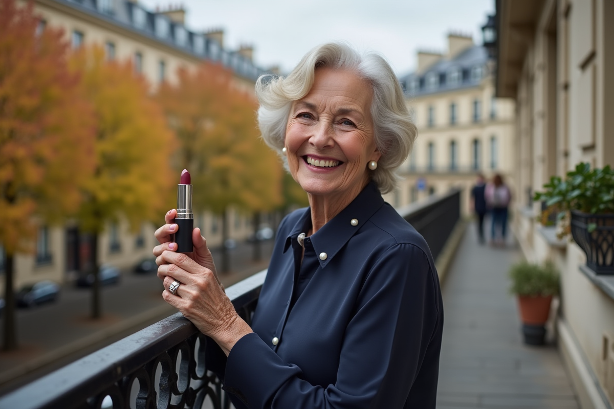 Femme souriante de 70 ans tenant rouge à lèvres sur balcon parisien