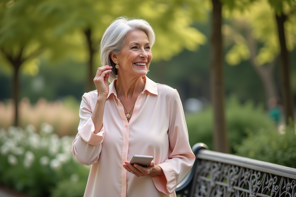 Femme souriante dans un parc printanier avec fleurs