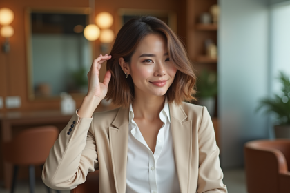 Femme élégante avec coupe bob dans un salon moderne