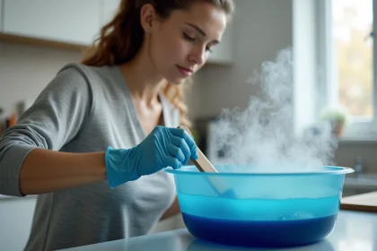 Femme mélangeant de la teinture dans un bassin en cuisine