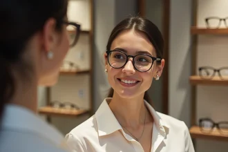 Femme essayant des lunettes dans une boutique d'optique