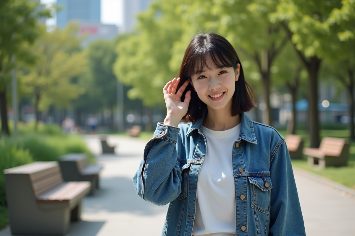 Femme souriante avec coupe décontractée dans un parc urbain