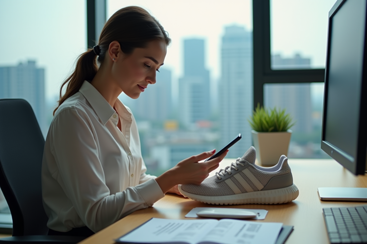 Femme compare sneakers avec son smartphone dans un bureau professionnel