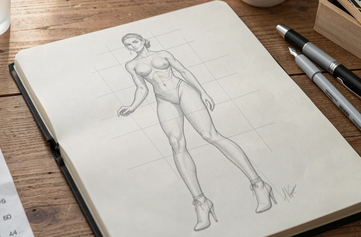 Figurine de mode dessinée avec ses repères de proportions