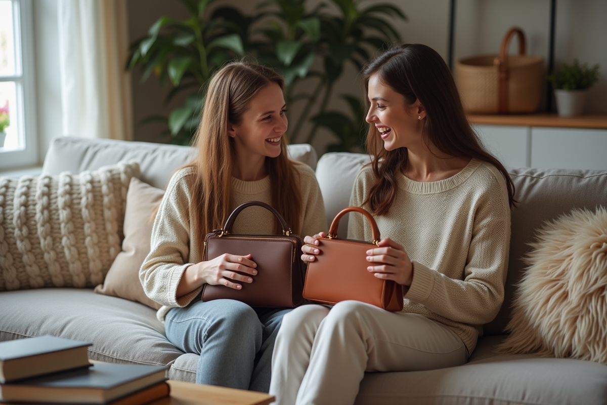 Fille et mère comparant sacs à la maison