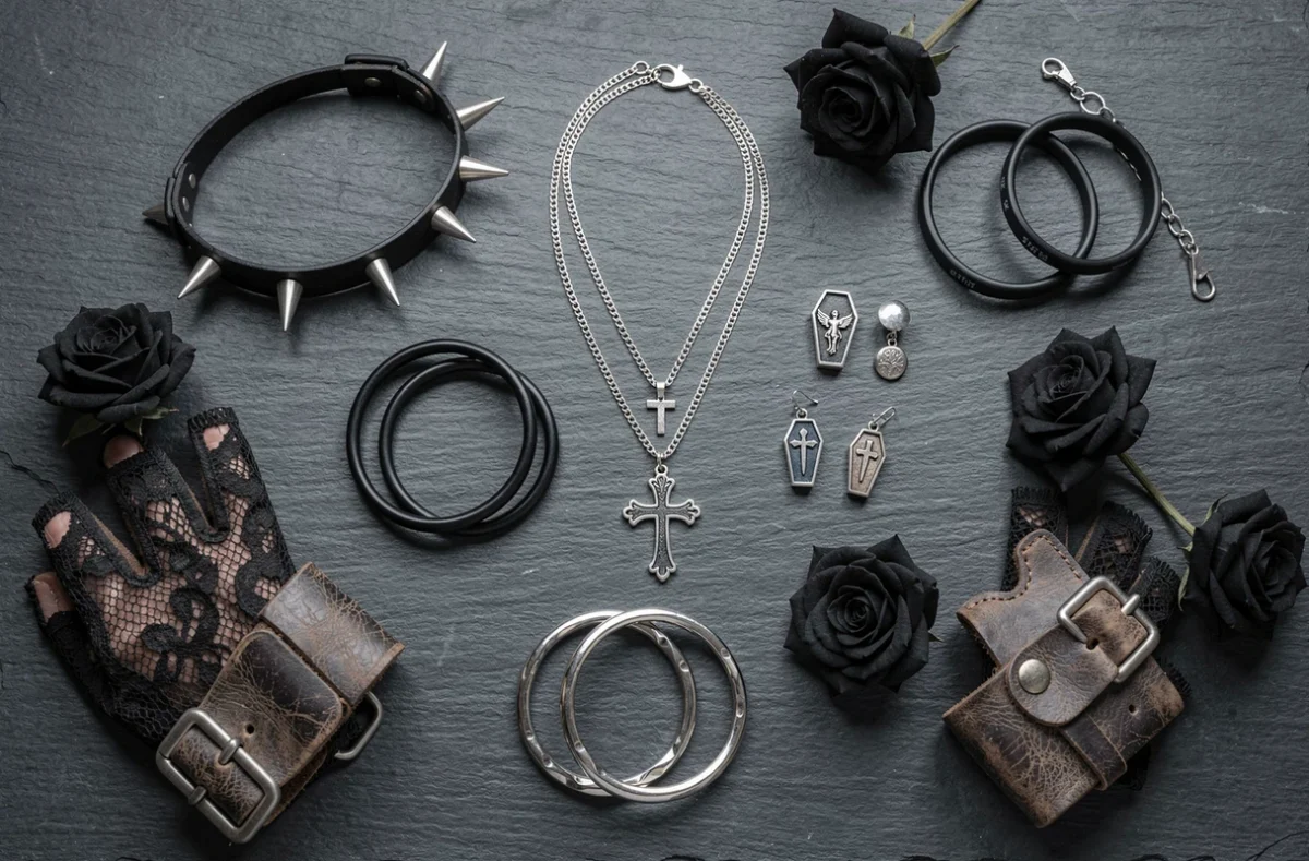 Flat lay d'accessoires emo style sur ardoise sombre : collier clouté, bracelets noirs, boucles d'oreilles gothiques et gants en dentelle