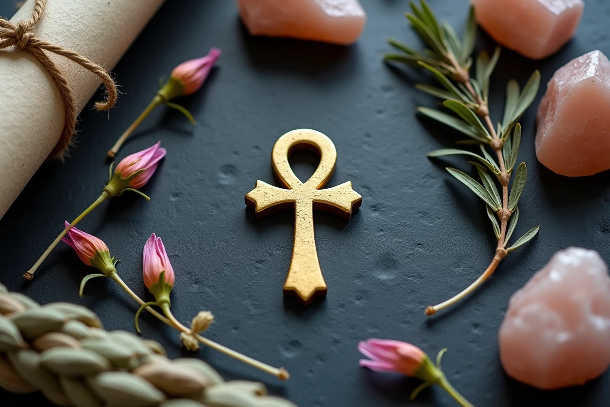 Flat lay d'une croix ankh dorée posée avec des cristaux, sauge séchée et pétales de fleurs pour un rituel d'intention