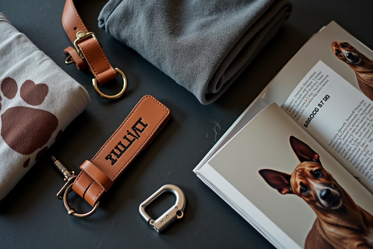 Flat-lay de produits bullrot pour chiens dont collier gravé, t-shirt et accessoires sur ardoise