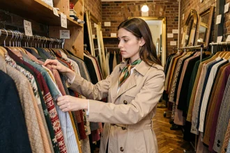 Jeune femme parcourant les portants d'une friperie parisienne vintage avec des vêtements colorés et des étagères en bois