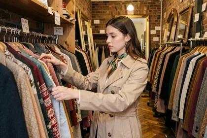 Jeune femme parcourant les portants d'une friperie parisienne vintage avec des vêtements colorés et des étagères en bois