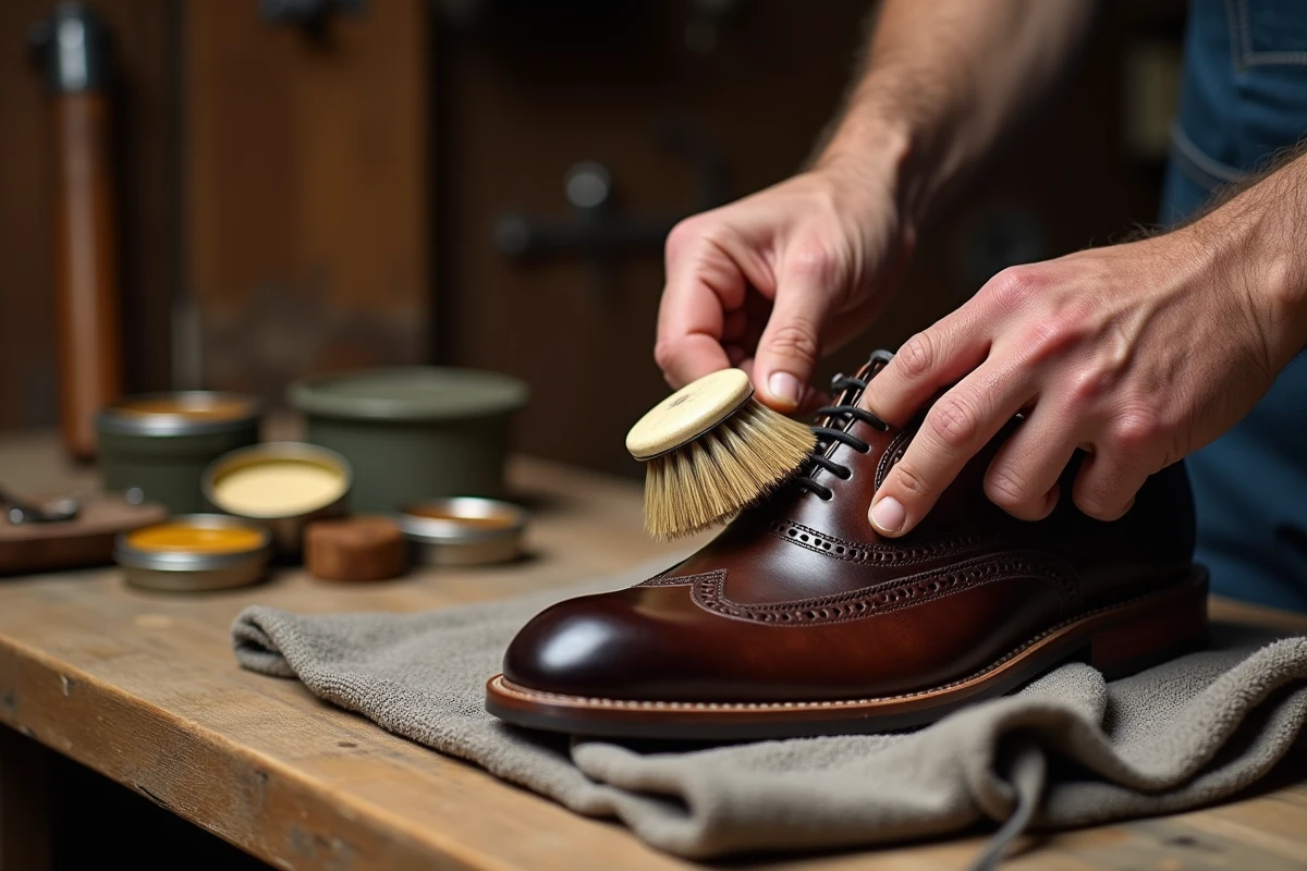 Gros plan de mains polissant une chaussure en cuir marron avec une brosse à reluire sur une table en bois rustique