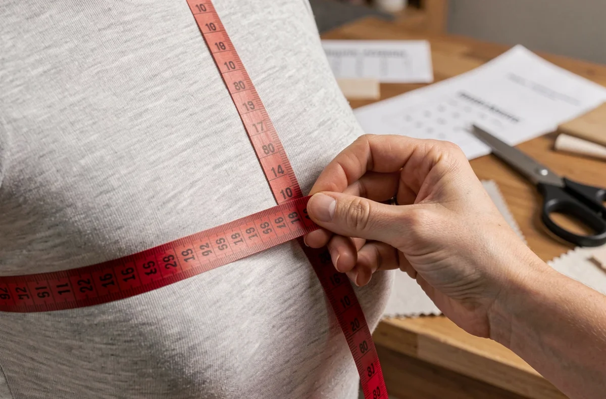 Gros plan de mains posant un mètre ruban sur un mannequin de couture avec un tableau de correspondance des tailles en arrière-plan