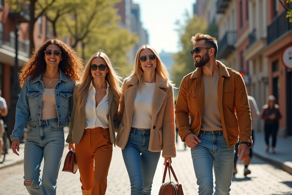 Groupe d amis marchant dans une rue urbaine en tenue tendance