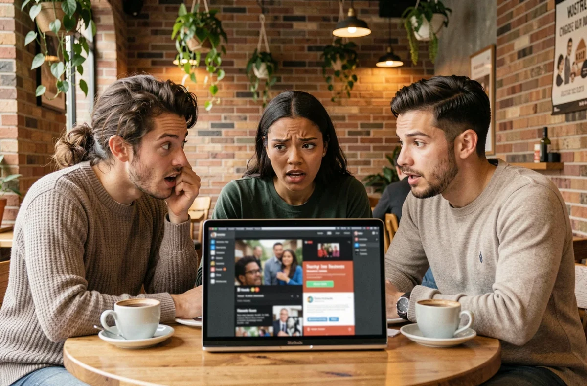 Groupe de jeunes adultes discutant autour d'un ordinateur portable dans un café, réagissant à des contenus de plateformes fans