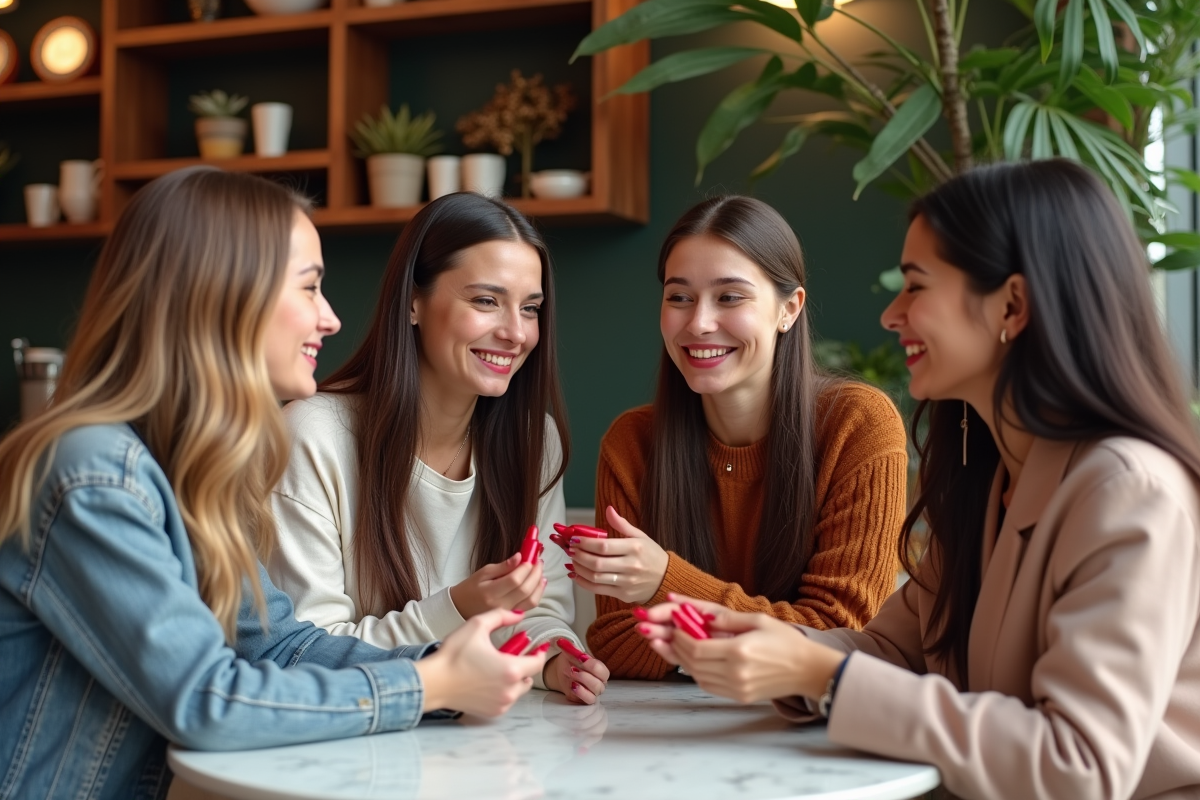 Groupe de quatre personnes avec rouge à lèvres dans un café