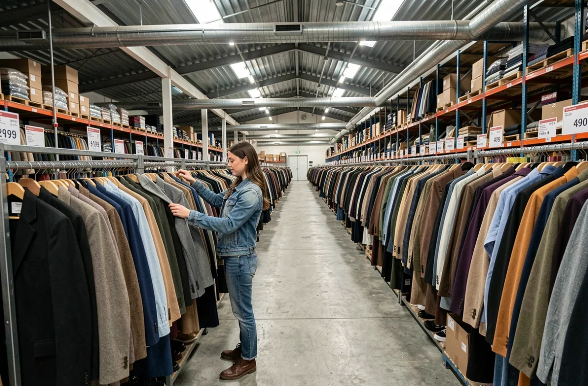 Intérieur de Guerrisold à Aubervilliers avec de longues rangées de vêtements d'occasion dans un entrepôt industriel
