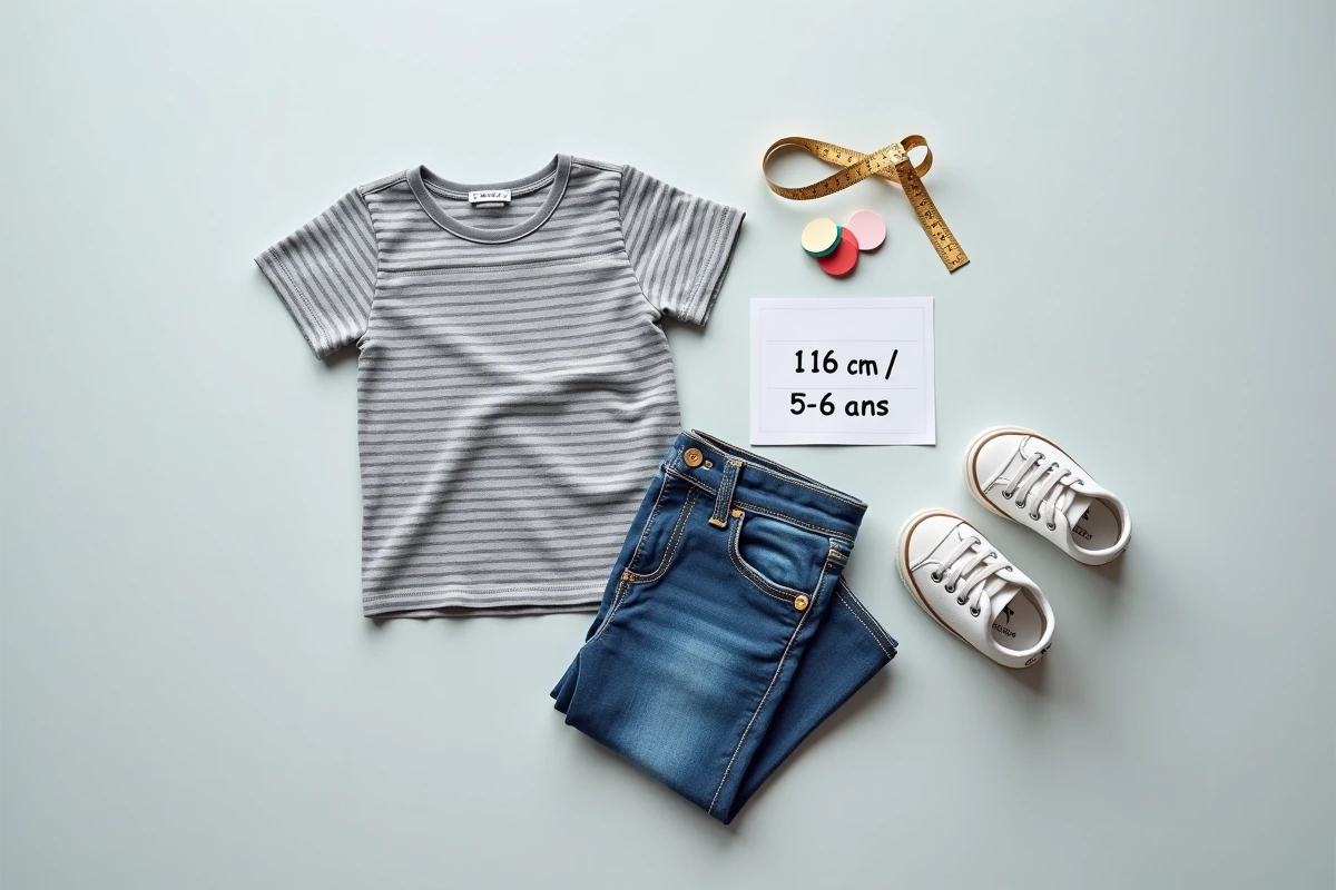 Flat lay de vêtements enfant taille 116 avec guide des tailles et mètre ruban sur fond gris clair