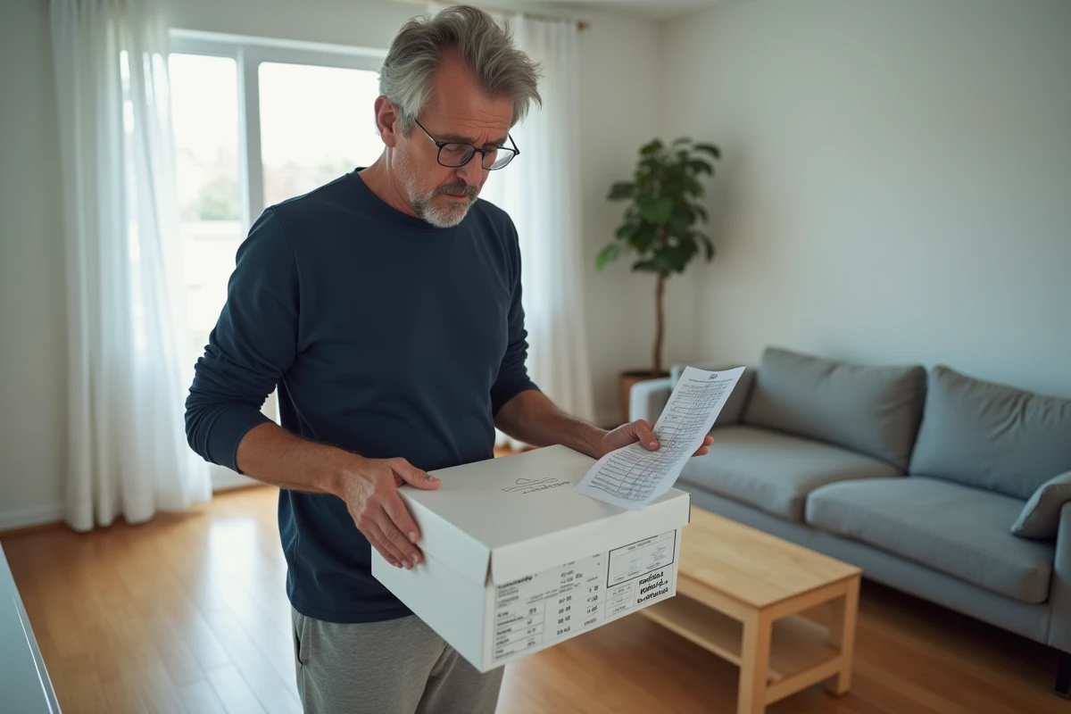 Homme consultant un guide des tailles Adidas à la maison avec sa boîte de chaussures