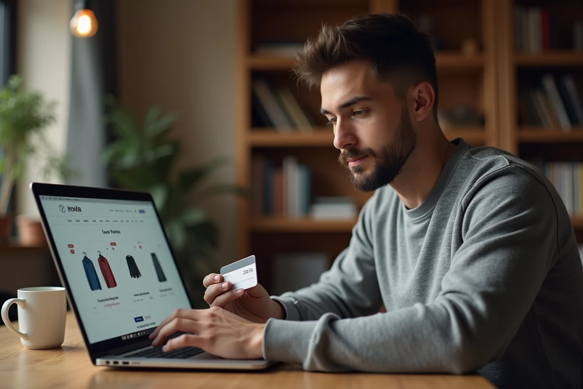 Homme consultant un site de vente en ligne de vêtements de marque à prix réduit depuis son bureau à domicile