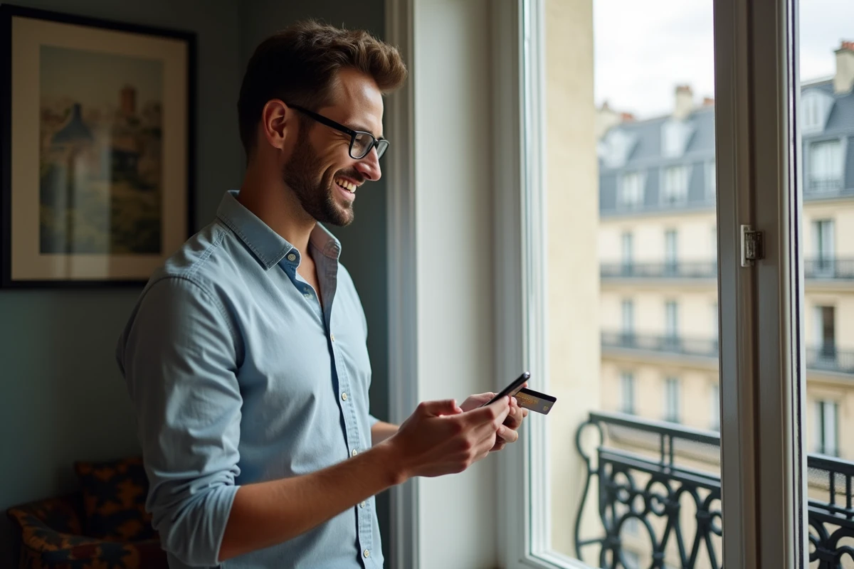 Homme souriant vérifiant sa commande en ligne