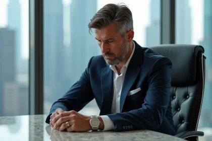 Homme d'affaires en costume regardant une montre diamantée