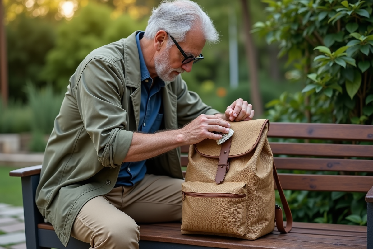 Homme nettoyant un sac à dos en extérieur dans le jardin