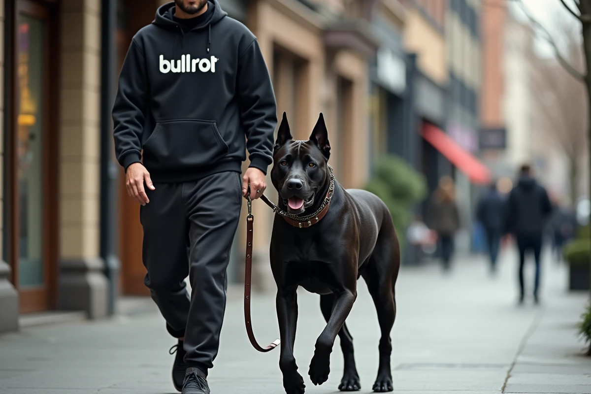 Homme portant un sweat bullrot promenant un Cane Corso en ville