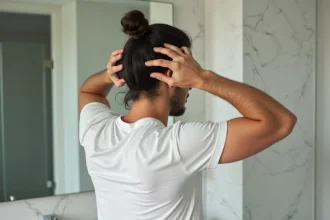 Homme coiffant un bun dans une salle de bain moderne