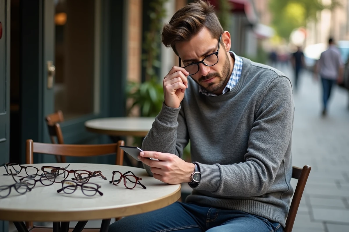 Homme regardant des lunettes dans un café en ville