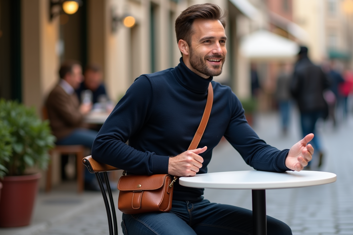 Homme en turtleneck au café en square européen