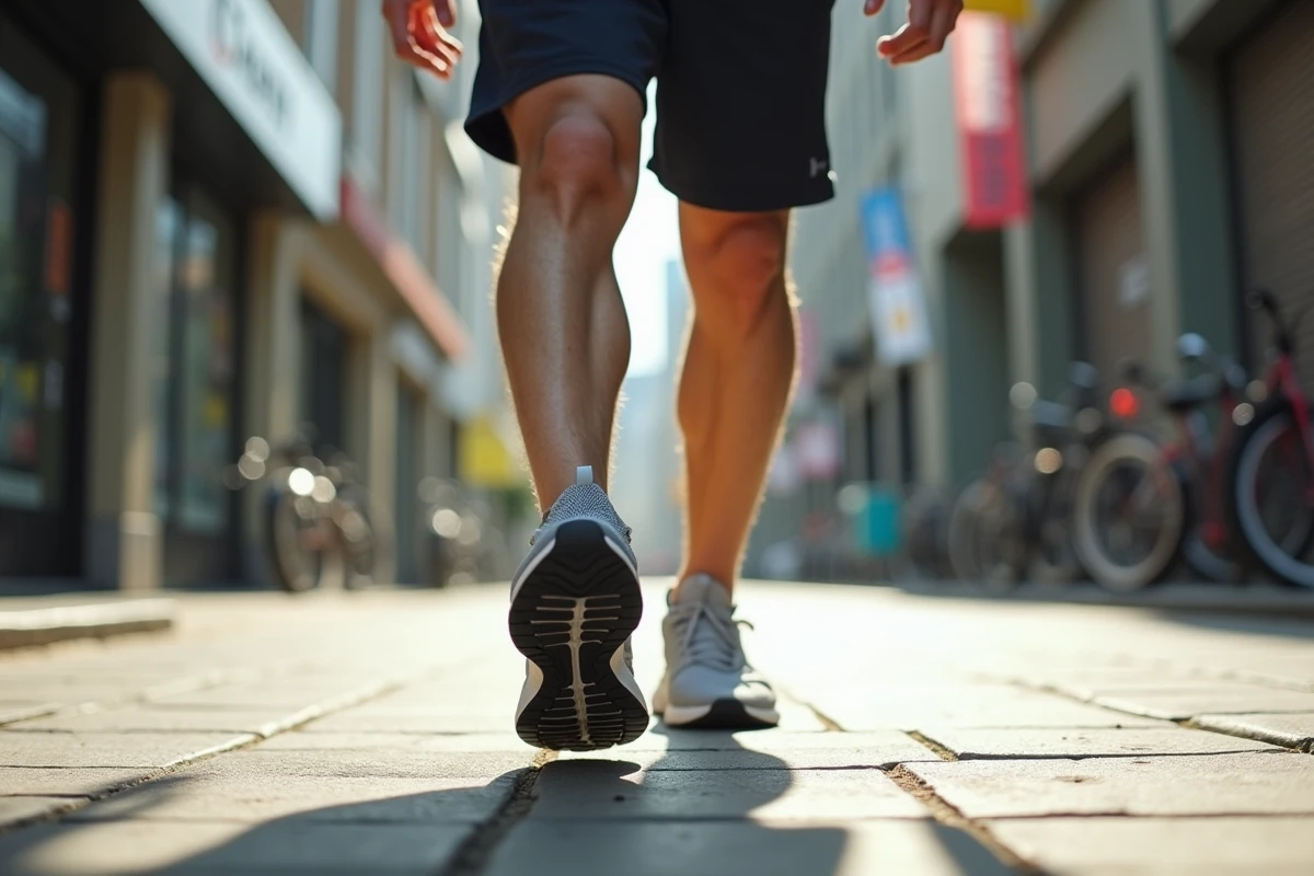Homme portant des chaussures Sursell en marchant sur un trottoir urbain moderne