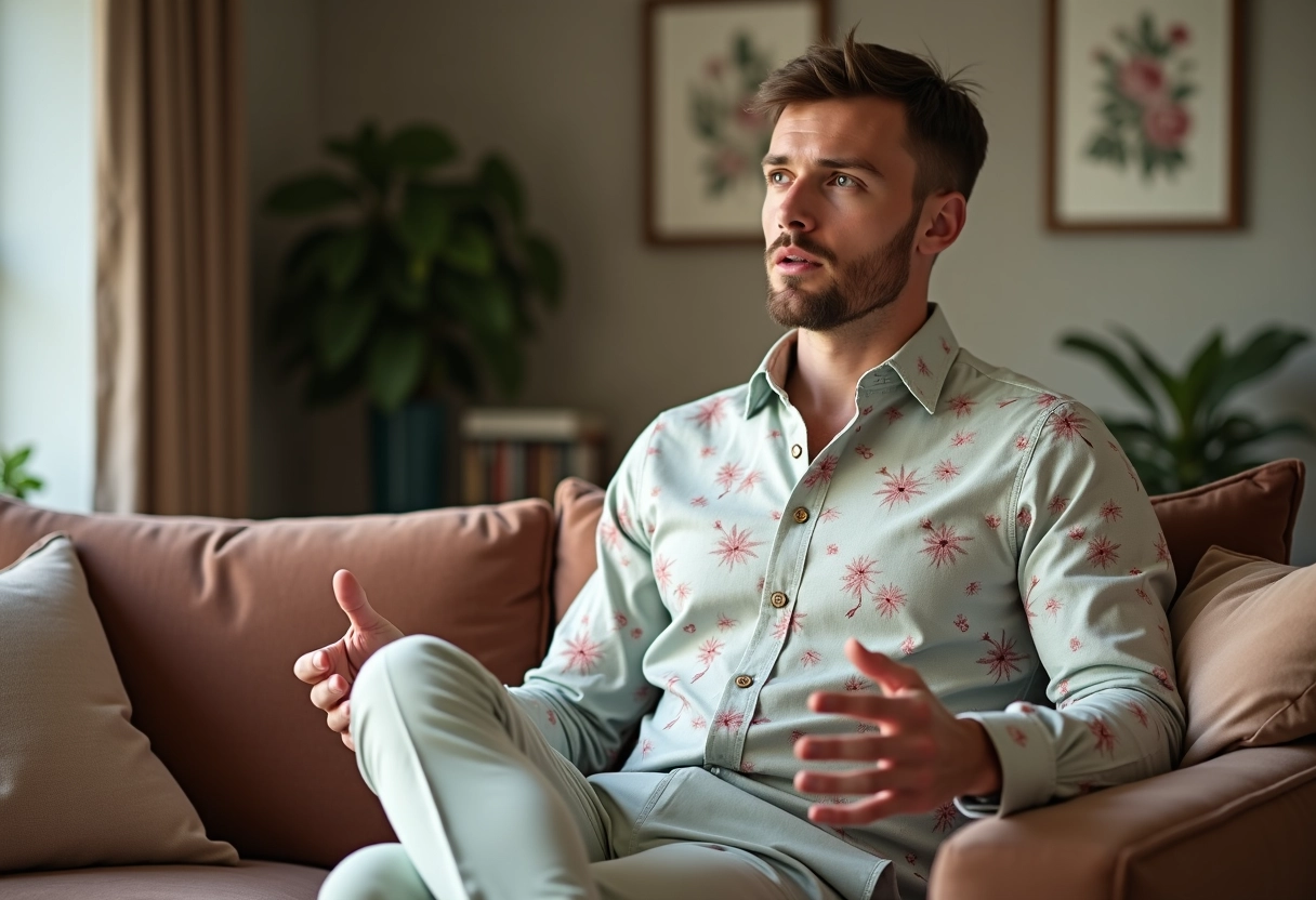 Homme en chemise microflorale dans un salon moderne