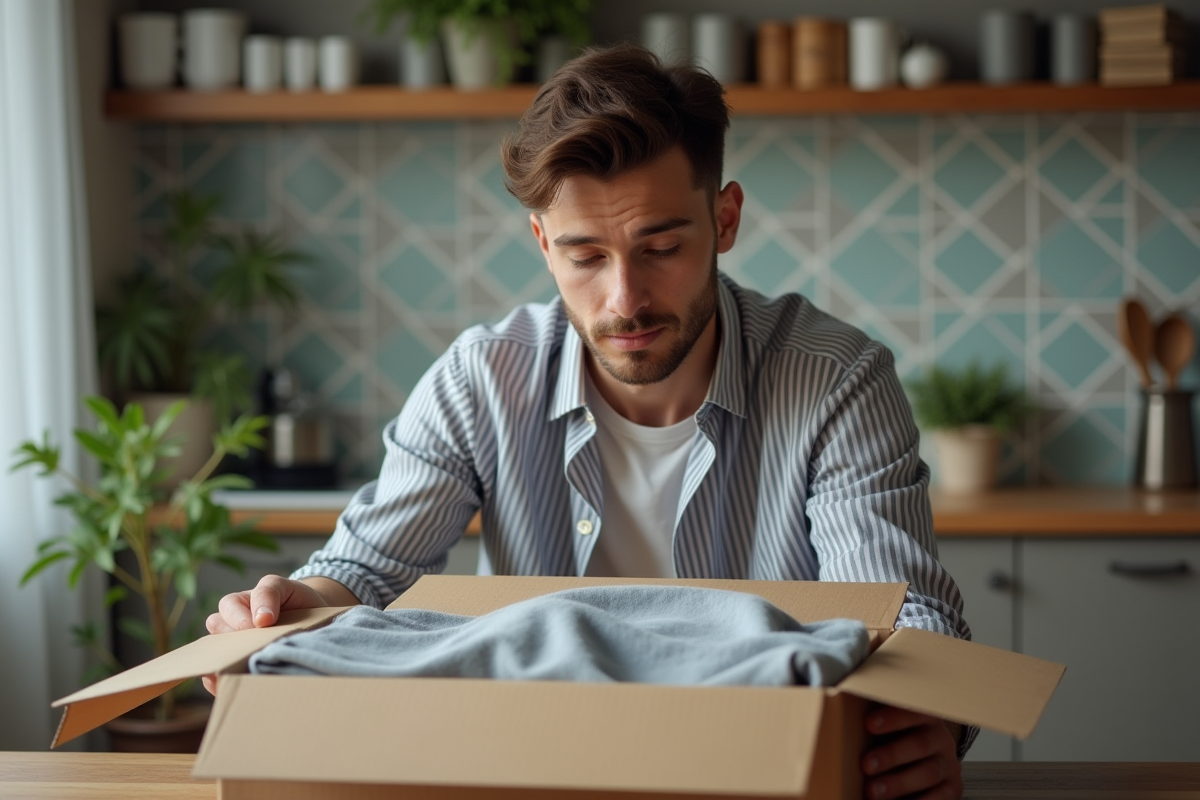 Jeune homme déballant des vêtements dans la cuisine