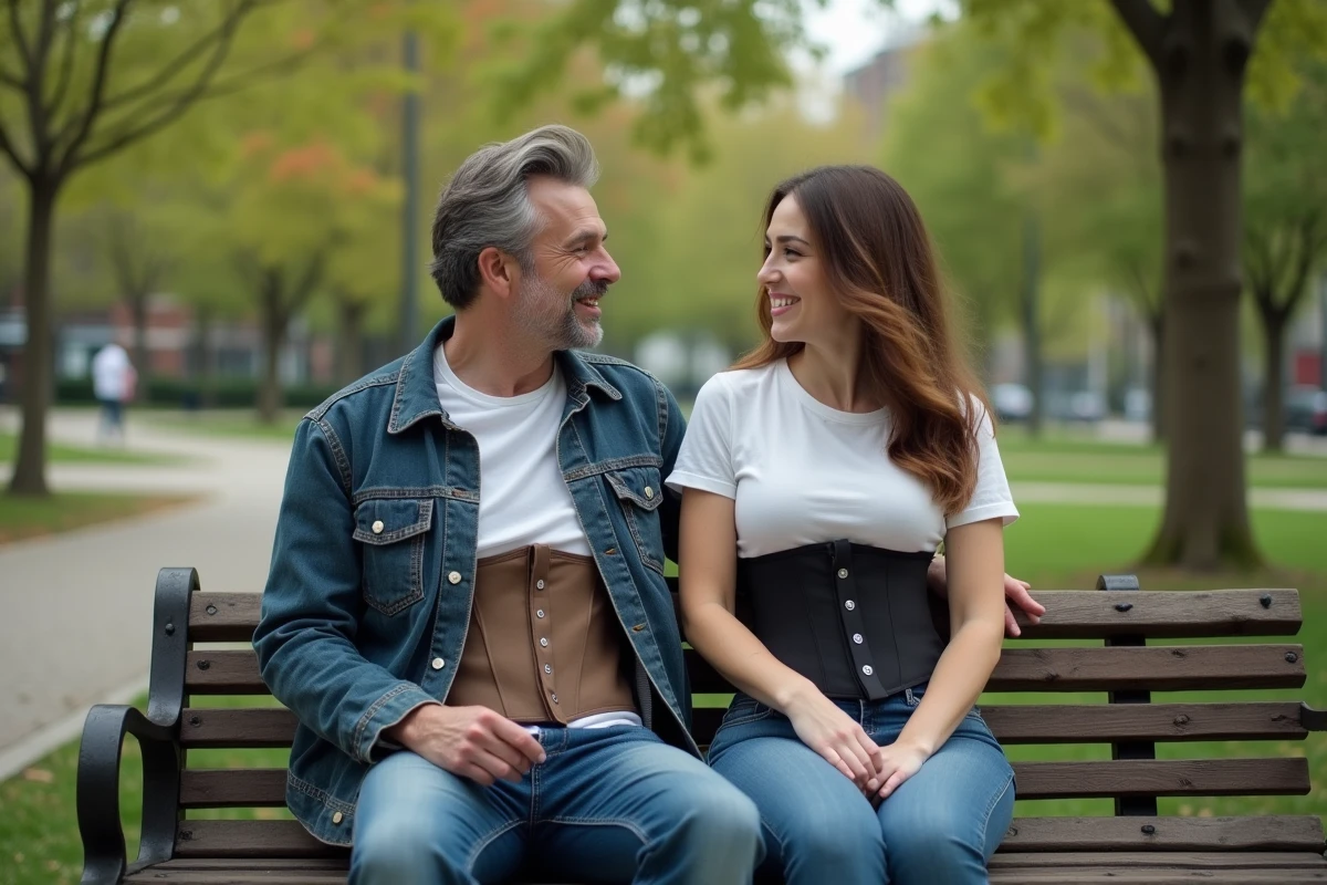 Homme et femme en corsets discutant dans un parc urbain