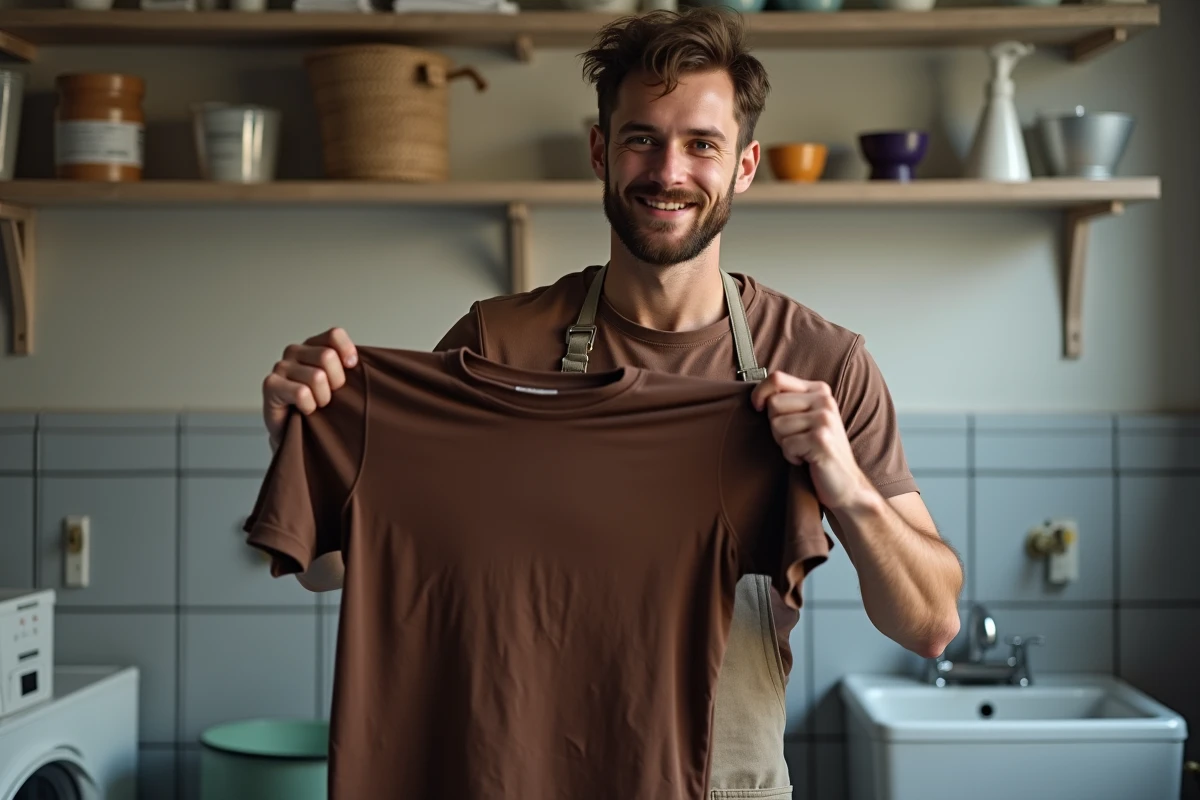 Homme vérifiant un t-shirt teinté dans une buanderie