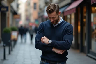 Homme souriant regardant sa montre dans la ville