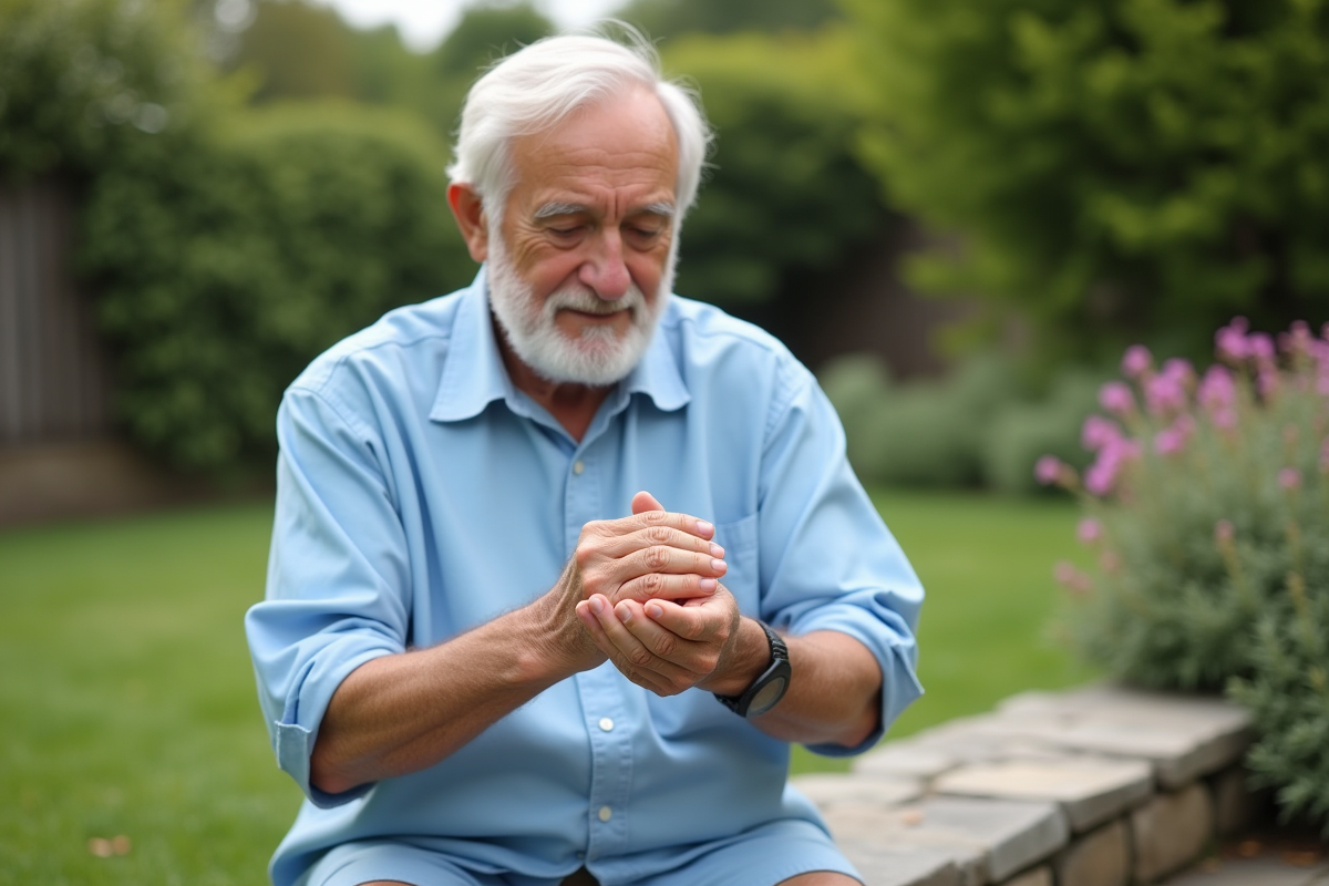 Homme âgé massant ses mains dans un jardin fleuri
