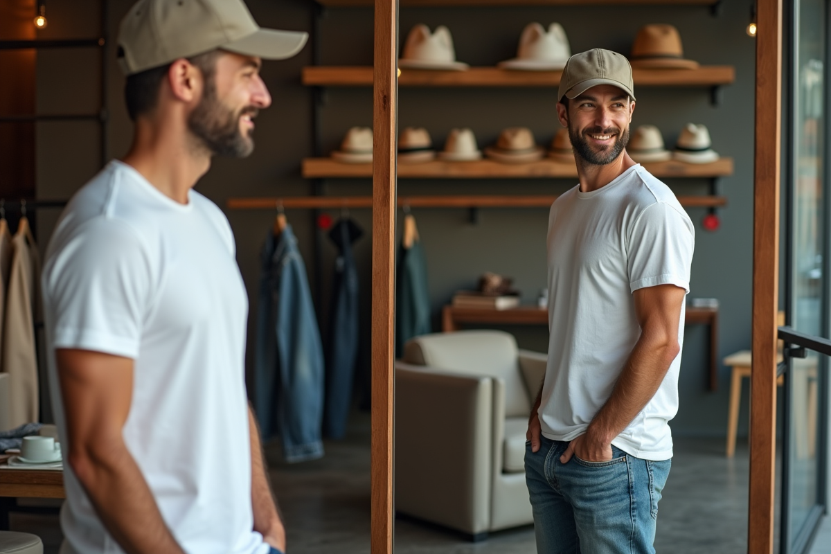 Homme mature essayant différentes casquettes en boutique