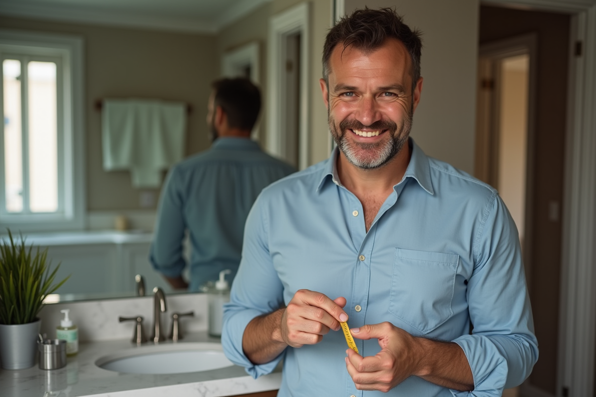 Homme mesurant son doigt avec un ruban dans la salle de bain