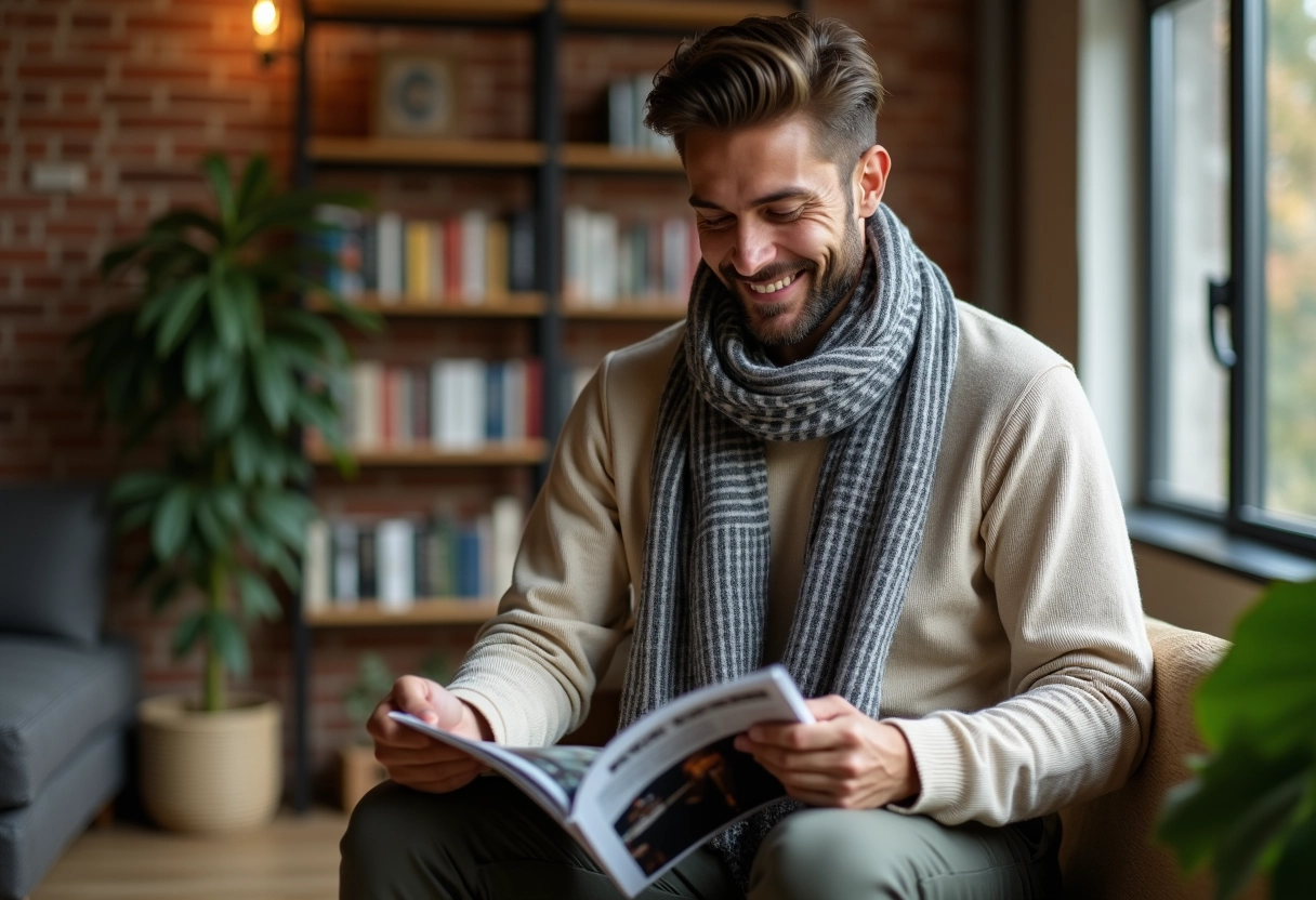 Homme en pull et écharpe dans un intérieur cosy