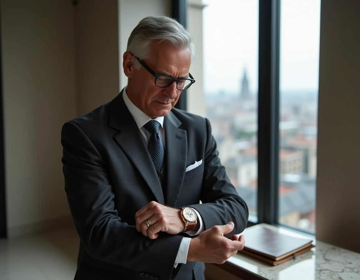 Homme en costume ajusté observant sa montre grand complication au poignet dans un penthouse contemporain avec vue sur une ville européenne