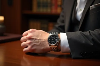 Homme en blazer charcoal portant une montre style Rolex GMT Batman au cadran noir sur fond de bureau en bois sombre