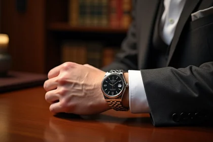 Homme en blazer charcoal portant une montre style Rolex GMT Batman au cadran noir sur fond de bureau en bois sombre