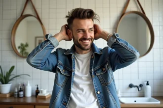 Homme moderne en denim dans une salle de bain chaleureuse
