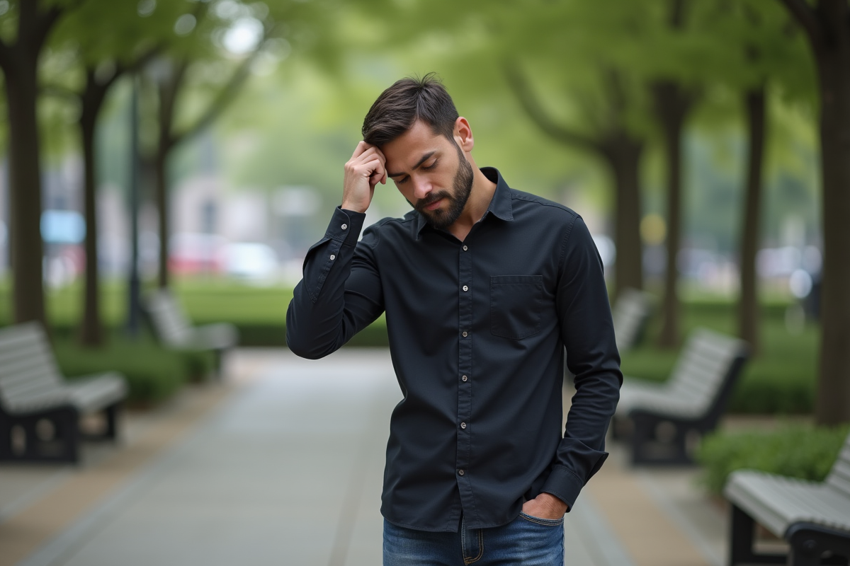 Homme pensif dans un parc urbain