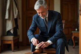 Homme en costume navy polissant une chaussure en cuir