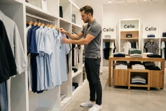 Homme consultant un polo à carreaux Vichy dans un magasin Celio, parcourant les rayons de vêtements avec attention