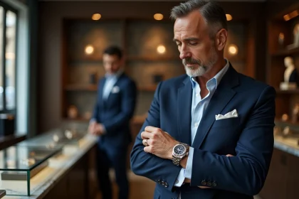 Homme en costume marine examinant une Rolex Daytona dans une boutique de montres de luxe en Europe