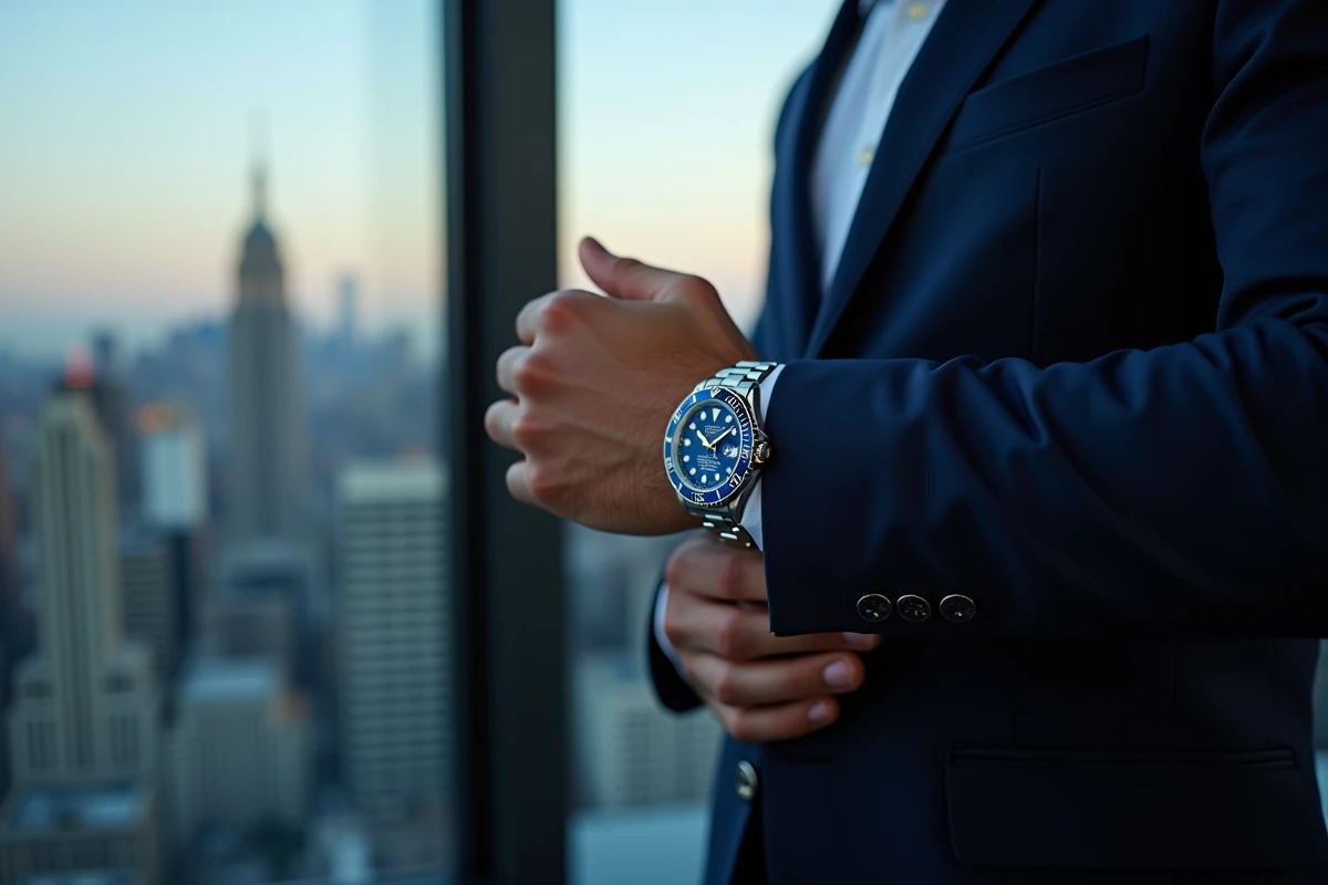 Homme d'affaires au large poignet portant une Rolex GMT style Bruce Wayne bicolore bleu et noir devant une fenêtre urbaine